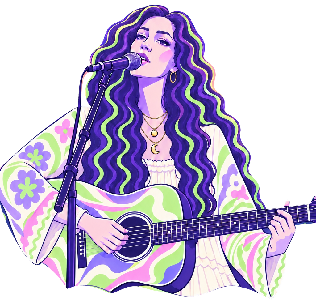 Illustrated portrait of Nahti singing and playing guitar